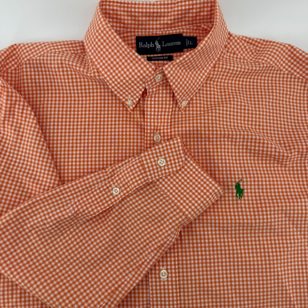 Ralph Lauren Mens Custom Fit Gingham Button Down Shirt Orange White Large L